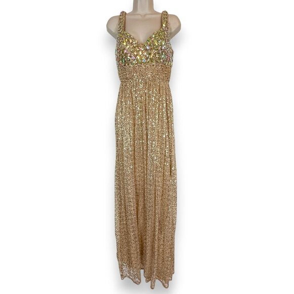 La Femme Gown Beaded Dress Gold Sequin Rhinestone Evening Tall 6 - Picture 4 of 17